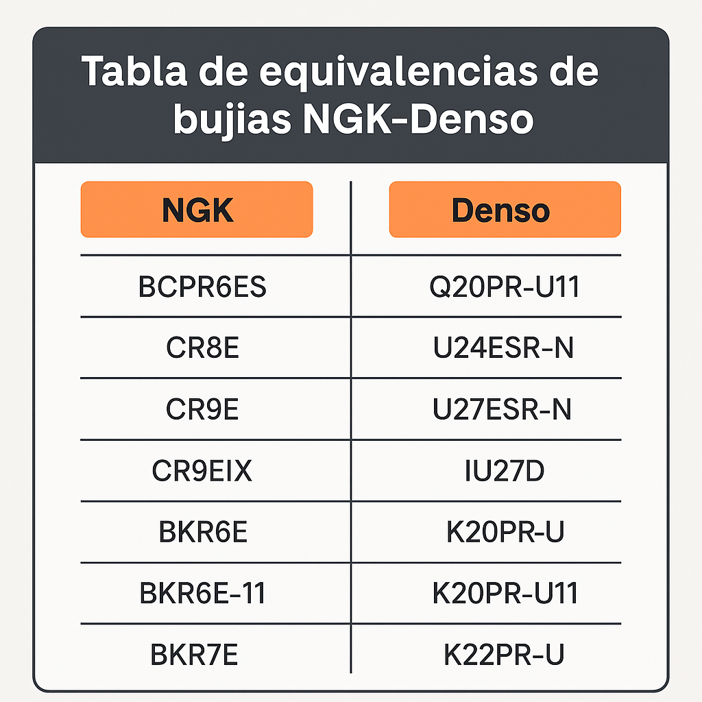 Tabla de equivalencias de bujías NGK-Denso